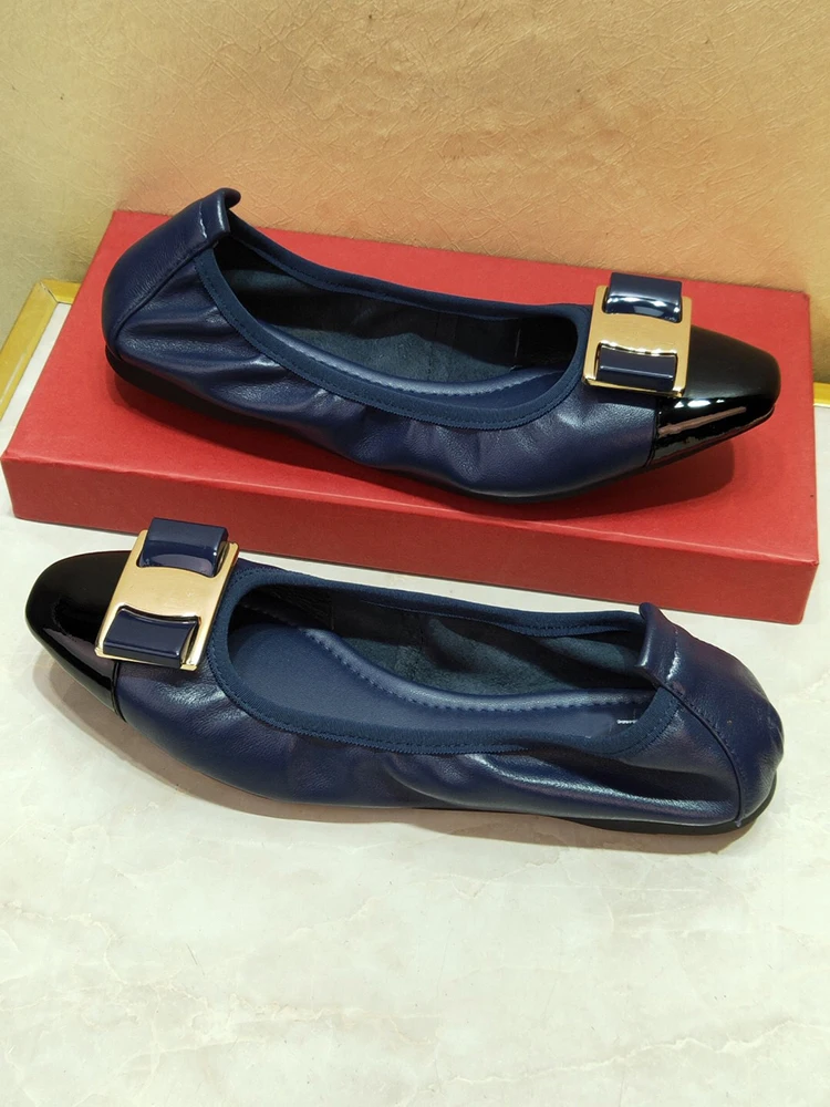 

Genuine Leather Slip On Ballet Flats Shoes For Women Metal Decoration Women's Sneakers Fashion Comfortable Maternity Shoes 2021