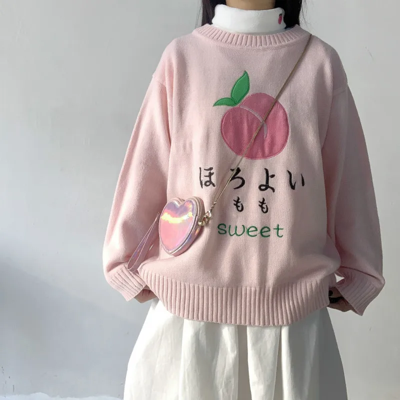 Peach Embroidery Pink Colour Lovely Woman Sweater Loose Round Neck Long Sleeve Female Autumn Winter Pullovers | Женская одежда