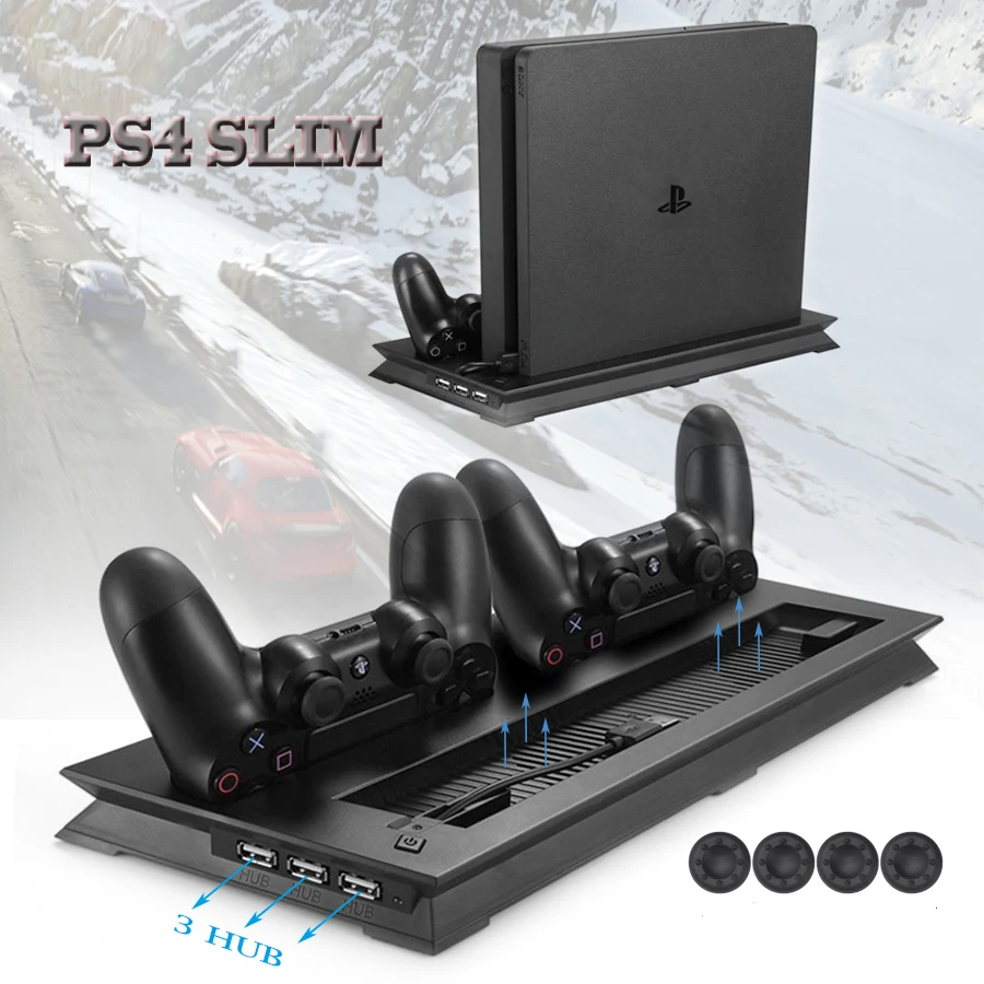 

Вертикальная охлаждающая подставка для PS4 Slim, двойной джойстик, зарядная станция USB и 3 дополнительных концентратора для Playstation 4, PS4 Slim