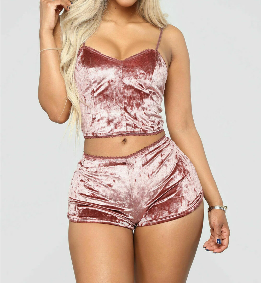 Fashion Women 2pcs Velvet Sleepwear Sexy Spaghetti Strap Velvet Shorts Pajama Set Ladies Sleepwear female Pajama Party Set