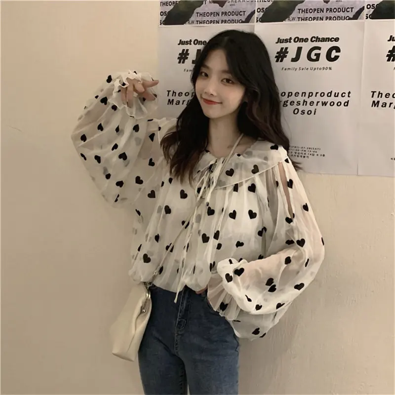 

HziriP Sweet Hearts Print Chiffon Korean Tops 2020 Chic Light Sexy Brief All-Match Office Lady Fresh Cute Full-Sleeved Shirts
