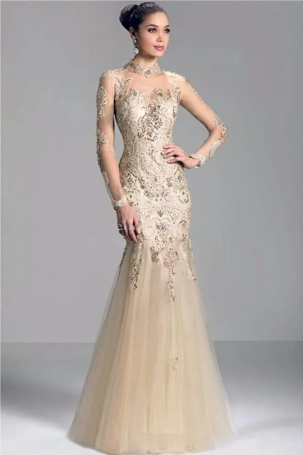 vestido de noiva Champagne High neck Evening 2018 Tulle Mermaid Long Sleeves Sheer Back Zipper Prom DMother of the Bride Dress | Свадьбы и