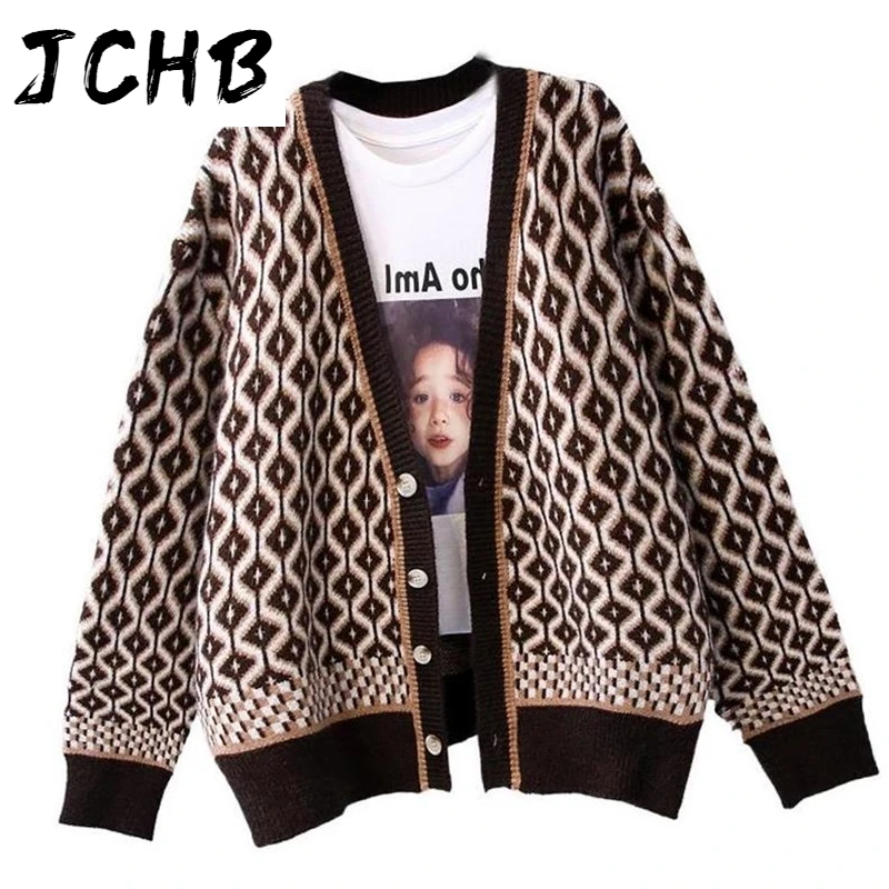

JCHB Women New Argyle Knit Cardigan Jacket 2021 Spring Autumn Vintage Loose Female Sweater Knishirt Casual Outwear Cardigan