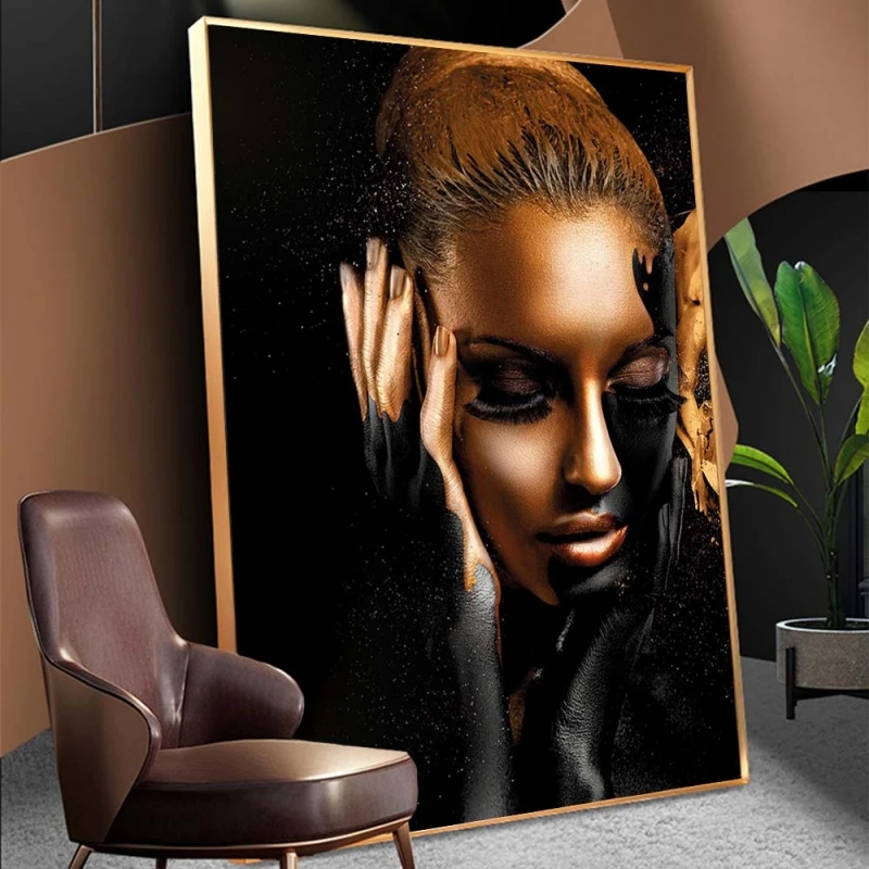 

Black Golden African Woman Portrait Oil Paintings on Canvas Nude Art Poster and Print Scandinavian Wall Pictures Home Decoration