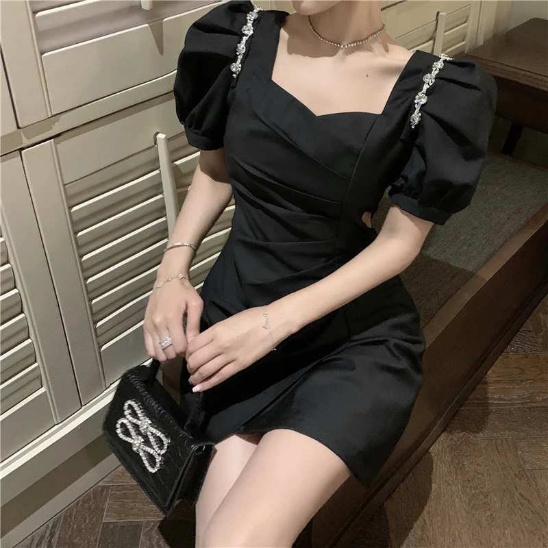 

KUSAHIKI Women Dress Korean Folds Elegant Square Collar Puff Sleeve Dresses Summer 2021 New Slim Waist Vestidos De Mujer 6J021