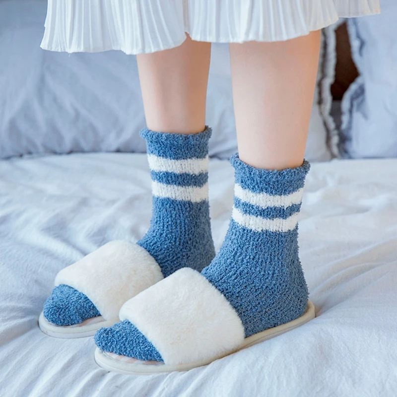 

Women Winter Coral Velvet Fuzzy Slipper Socks Solid Color Double Striped Thicken Fluffy Cozy Warm Home Floor Sleeping Hosiery