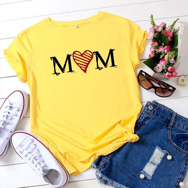 

Summer Heart Love MOM Letter Print O Neck Short Sleeve T Shirt Women 100% Cotton T-Shirt Tops Casual Tshirt Tees Shirts