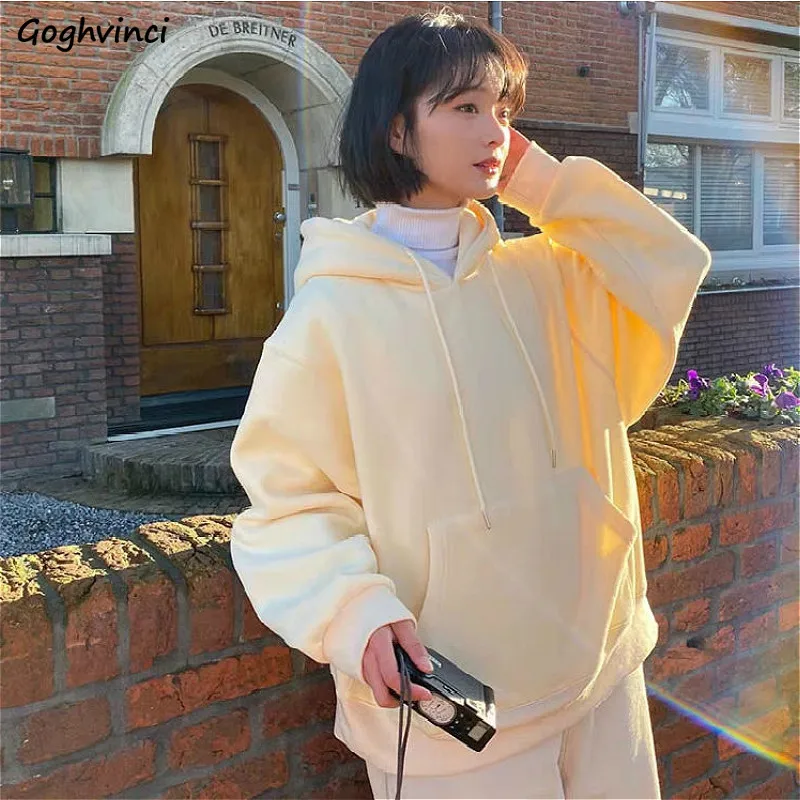 

Hoodies Women Pocket Solid Hooded Thick Pullovers Bright Color Ins Simple Loose Korean Preppy Style Basic Hot Sale Tops Leisure