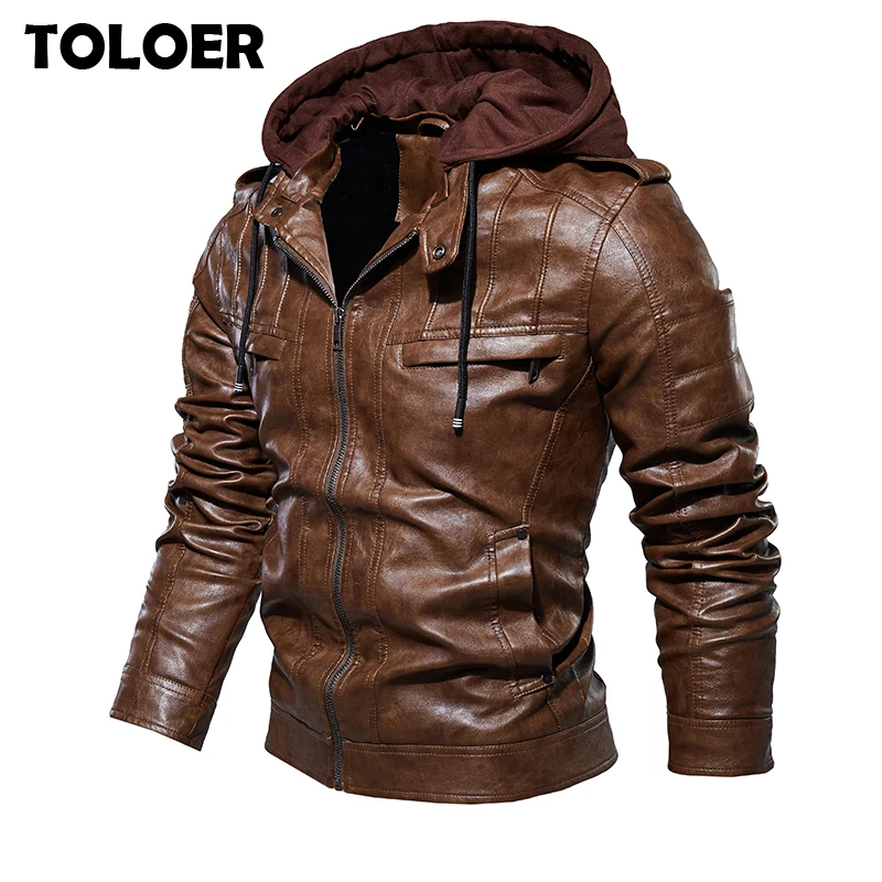

New Winter Motorcycle Leather Jacket Men Thicken Windbreaker Hooded PU Jackets Male Outwear Warm PU Baseball Jackets Size S-4XL