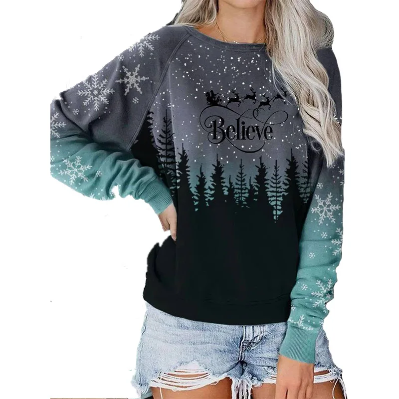 

Gradient Black Forest Letters Printing Loose Sweatshirt Women O-neck Fashion Designer Vintage Christmas Clothes for Teens Kawaii