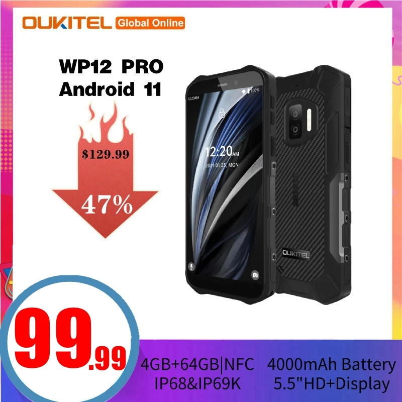 Смартфон OUKITEL WP12PRO защищенный 4 Гб + 64 ГБ Android 11 IP68 5 дюйма 4000 мАч NFC 13 МП|Смартфоны| |