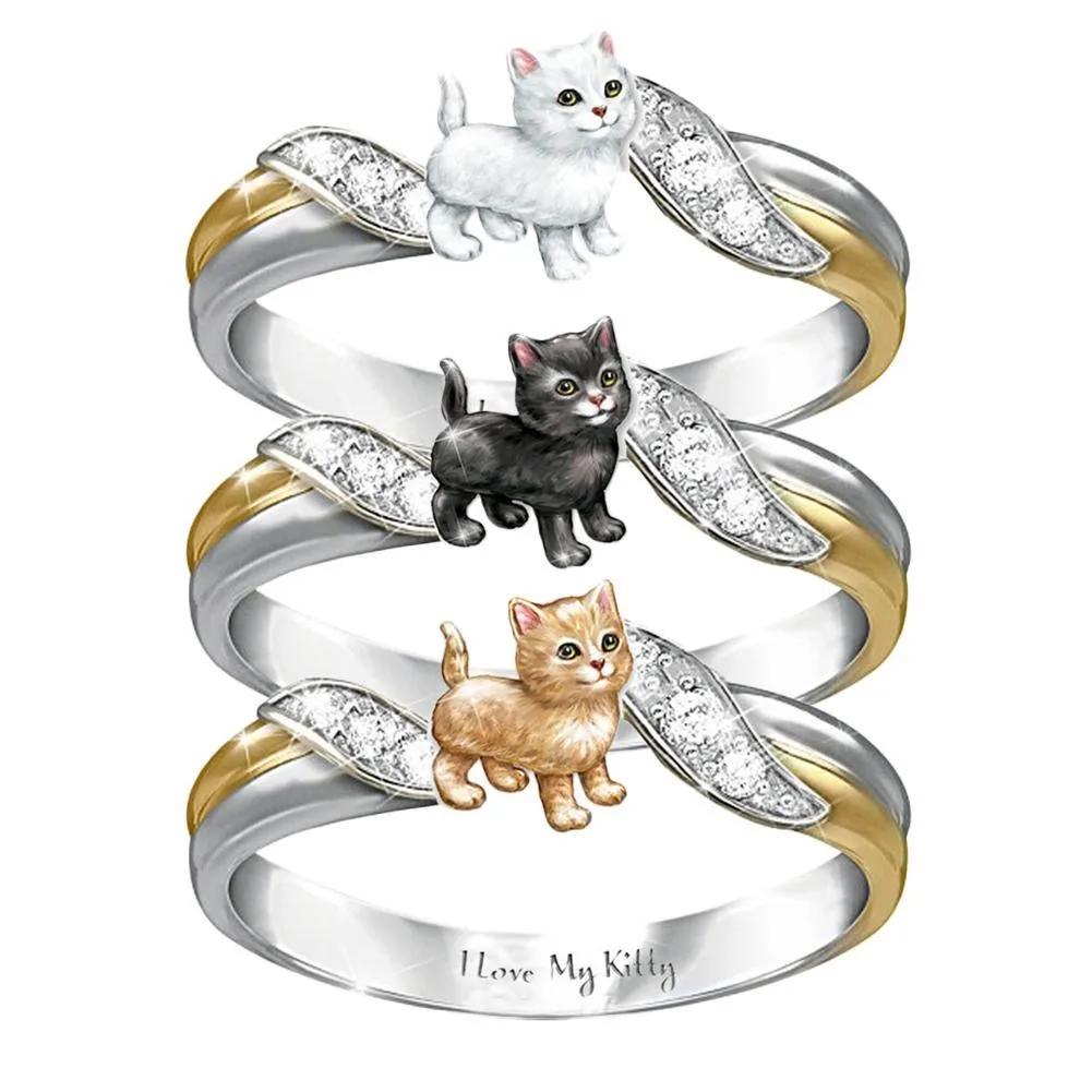 Новые модные милые белые черные оранжевые кольца с котом для женщин роскошные