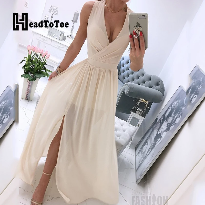 

Женское однотонное летнее платье Макси без рукавов с глубоким V-образным вырезом и разрезом