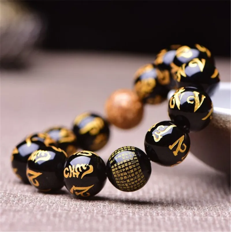 Браслет из натурального обсидиана бусины радужного камня шесть слов Ом Мани