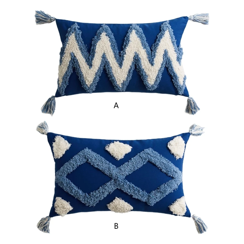 

30x50cm Boho Morocco Lumbar Throw Pillow Case White Blue Geometric Pattern Woven Tufted Tassels Rectangle Cushion Cover