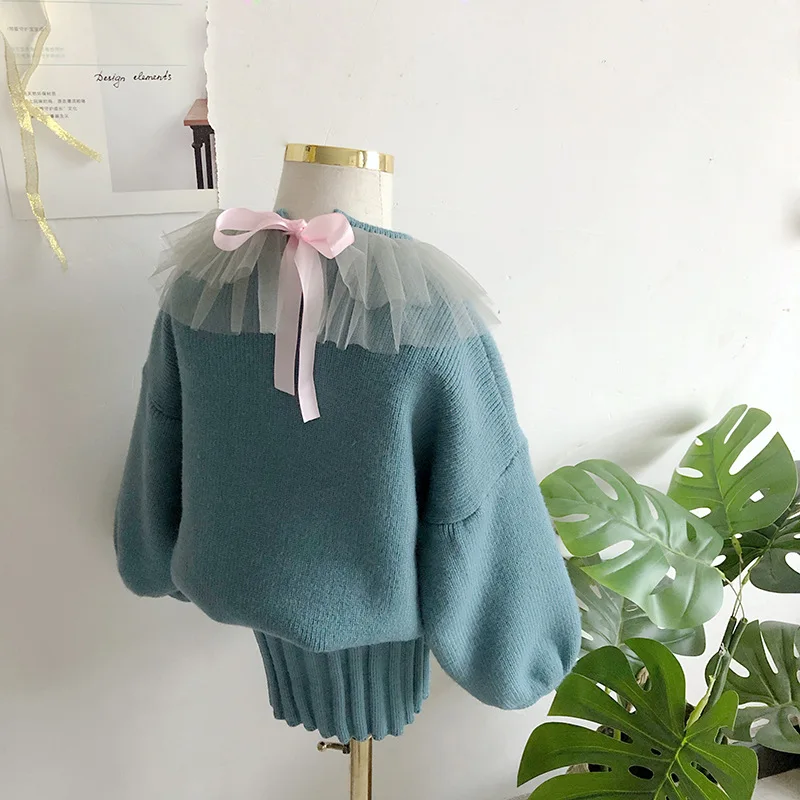 Элегантные комплекты одежды для девочек свитер с кружевным воротником маленьких