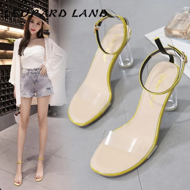 

LEOPARD LAND 8CM 2020 Summer Fashion Shallow Mouth Transparent Sandals Crystal Buckle Open-toe High-heeled Women's Shoes TWS