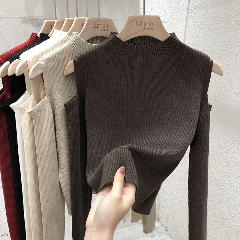 

2021 New Sexy Hollow Out Off Shoulder Sweater Women Brown Pullovers Winter Basic Warm Tops Female Jersey Mujer