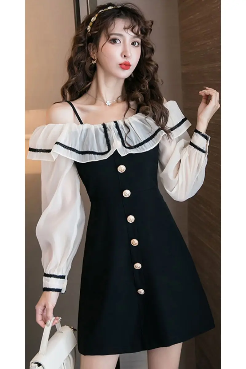 

COIGARSAM Sexy Women one-piece dress korean Spaghetti Strap High Waist Dresses Black 8038