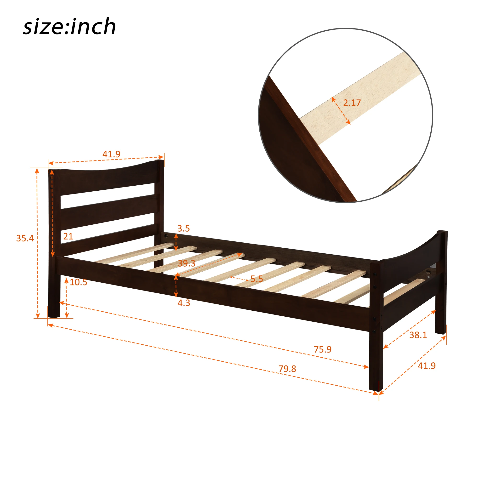 

Espresso Twin Size Platform Sleeping Single Bed Frame Solid Wood Strong for Adults Kids with Headboard and Wooden Slat Support