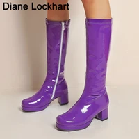 hot woman boots square heel knee high boots classic square toe botas pu leather party dress long boot fetish womens shoes