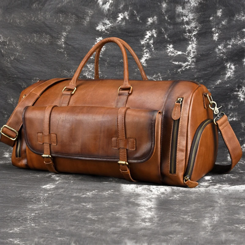 POOLOOS  Vintage Travel Bag For 17 Inch Laptop Light Weight Big Leather Handbag For Business Tour Men Male Leather Baggage Bag