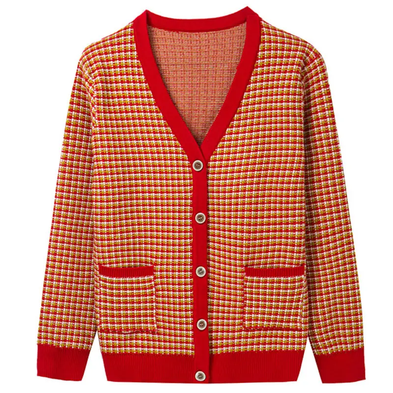 Женский вязаный кардиган в клетку повседневный свободный трикотажный свитер с