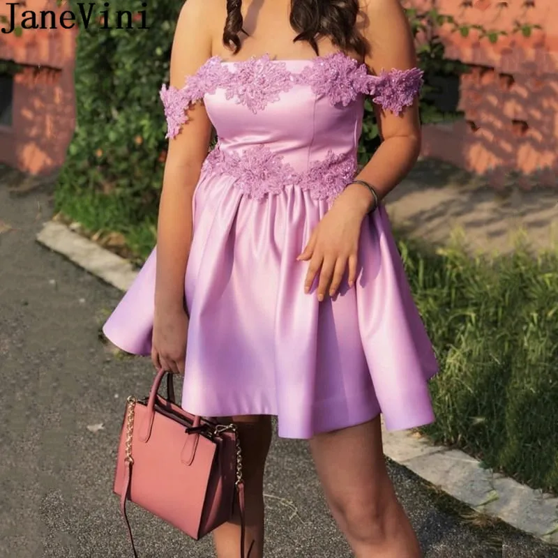 

JaneVini Sexy Off Shoulder Short Cocktail Dresses 2020 Beaded Lace Appliques Lilac Satin Golden Graduation Party Formal Gowns