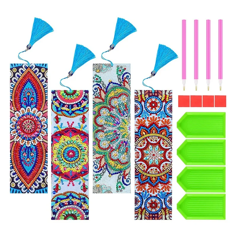 

4 Pcs 5D Diamond Bookmark DIY Painting Bookmark Leather Tassel Bookmark for DIY Making Arts Crafts Students Adults