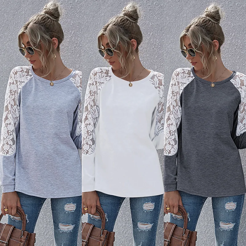 

Autumn Clothing Women Lace Sleeve Patchwork O-Neck Loose Tops Ladies Casual Long Sleeve T Shirts White Hollow Out T Shirt Vogue