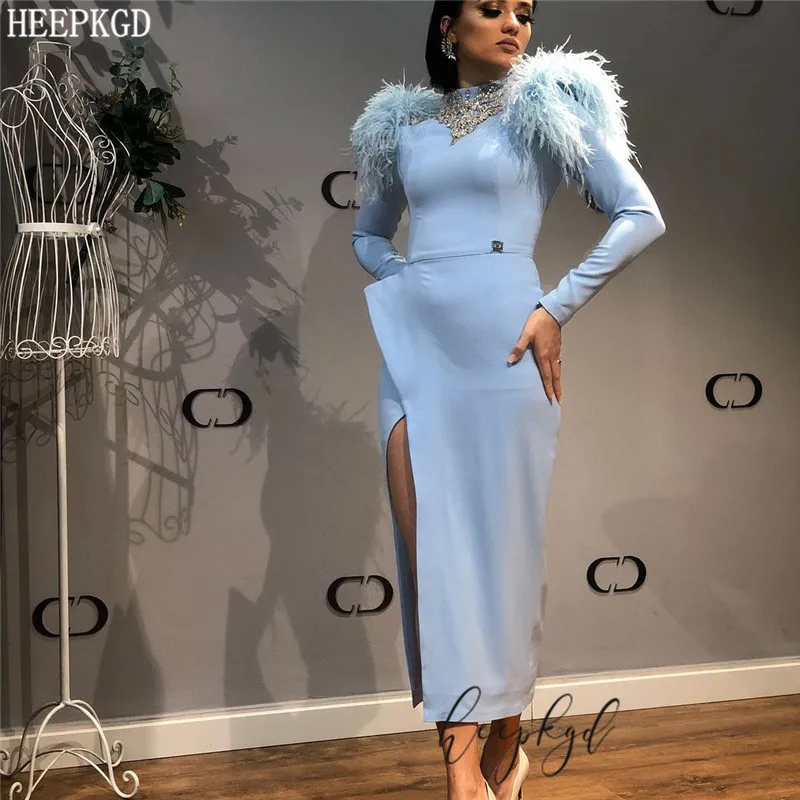 Элегантное Вечернее Платье мятно синего цвета с длинными рукавами в арабском