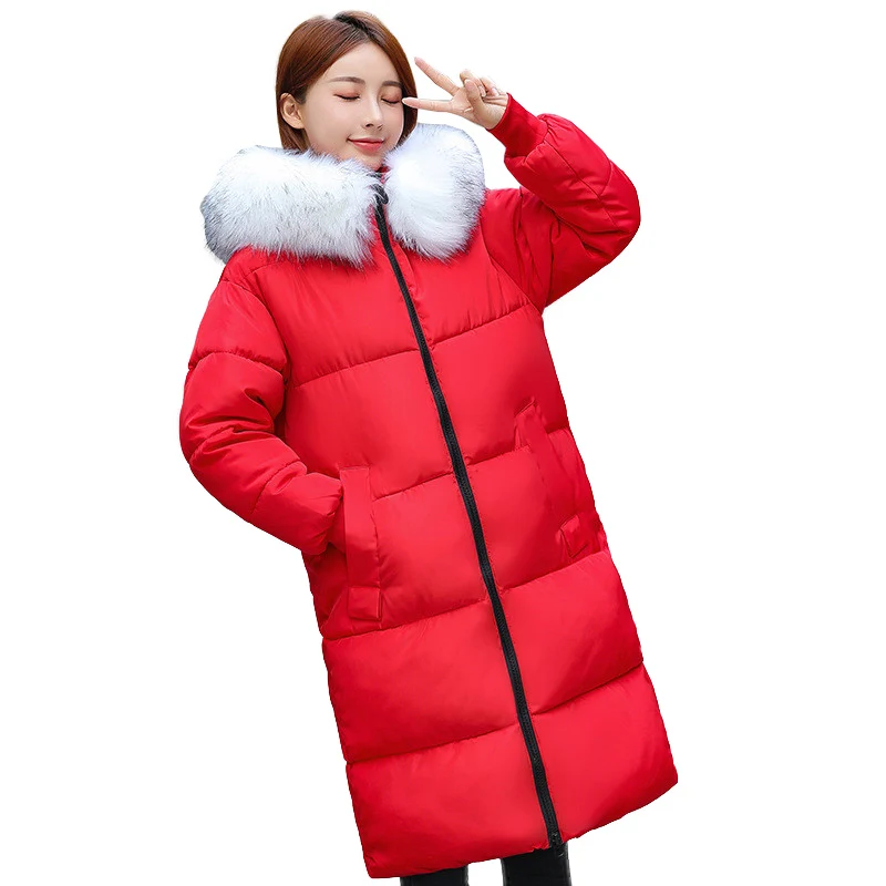 Женская парка с капюшоном и меховым воротником Длинная утепленная хлопковой