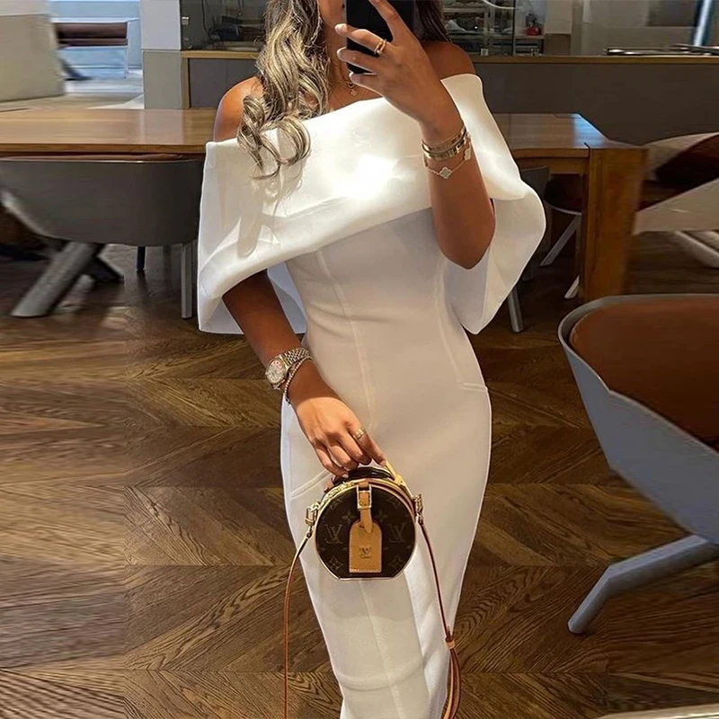 

Women Casual Solid Color Long Dress Elegant Off Shoulder Cape Design Skinny Party Dress Autumn Fashion Back Bow Dress Vestido