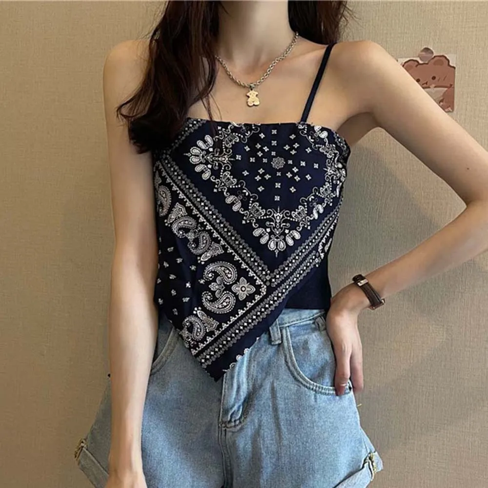 

Women Satin Tie Back Knot Spaghetti Bandana Tube Crop Top Sleeveless Blouse Summer Fashion Print Up Camisole Wrapped Tube Top