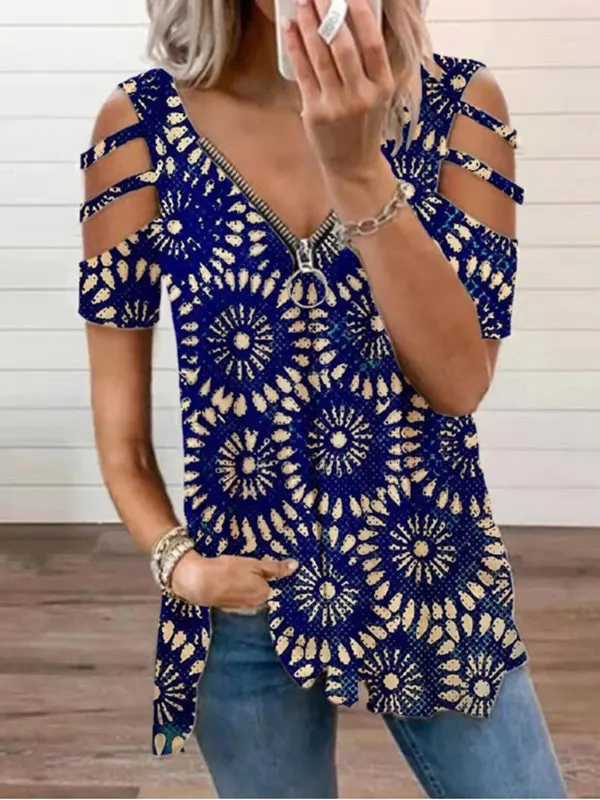 

2021 V Neck Zipper Geometric Hollow tshirt Hot Selling Women's T-Shirt New Summer Short Sleeve Printed Tops