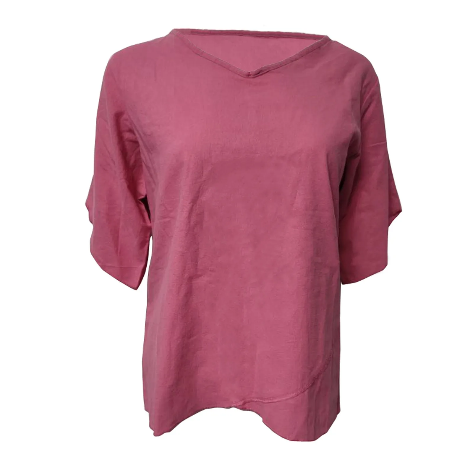 

Cotton Linen Women's Shirt Solid V-Neck Top Loose blusas Vintage Half Sleeve Ruffle Hem Tunic Ropa de mujer 2021 рубашка