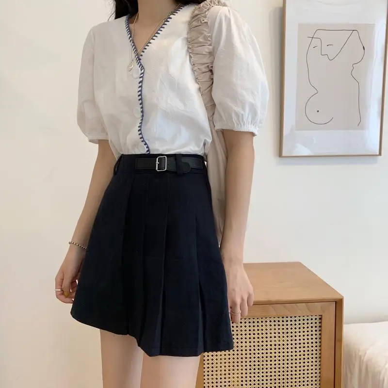 

YBYR Sexy Women Denim Mini Skirt Fashion Summer High Waist Korean Black Pleated Skirt Blue Package Hip Jeans Harajuku Cotton