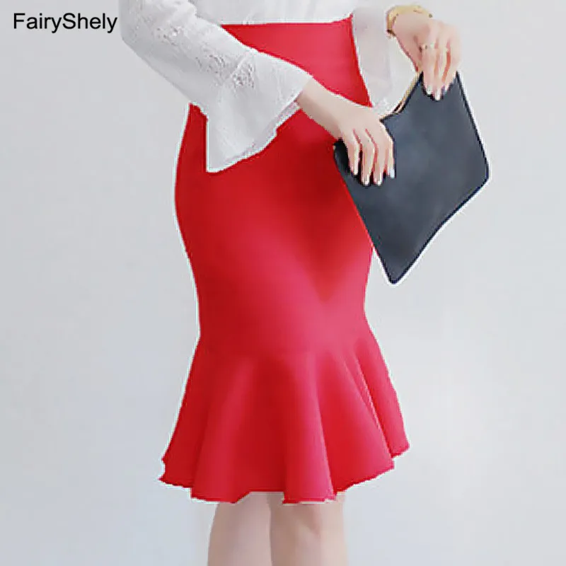 

FairyShely 2020 Black Knee Length Ruffle Office Skirt Women Autumn High Waist Mermaid Mini Skirt Lady Sexy Red Short Work Skirt