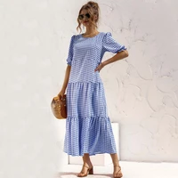 2021 summer long plaid dress women elegant long checkered dots maxi dress ladies short sleeve loose robe femme pink blue