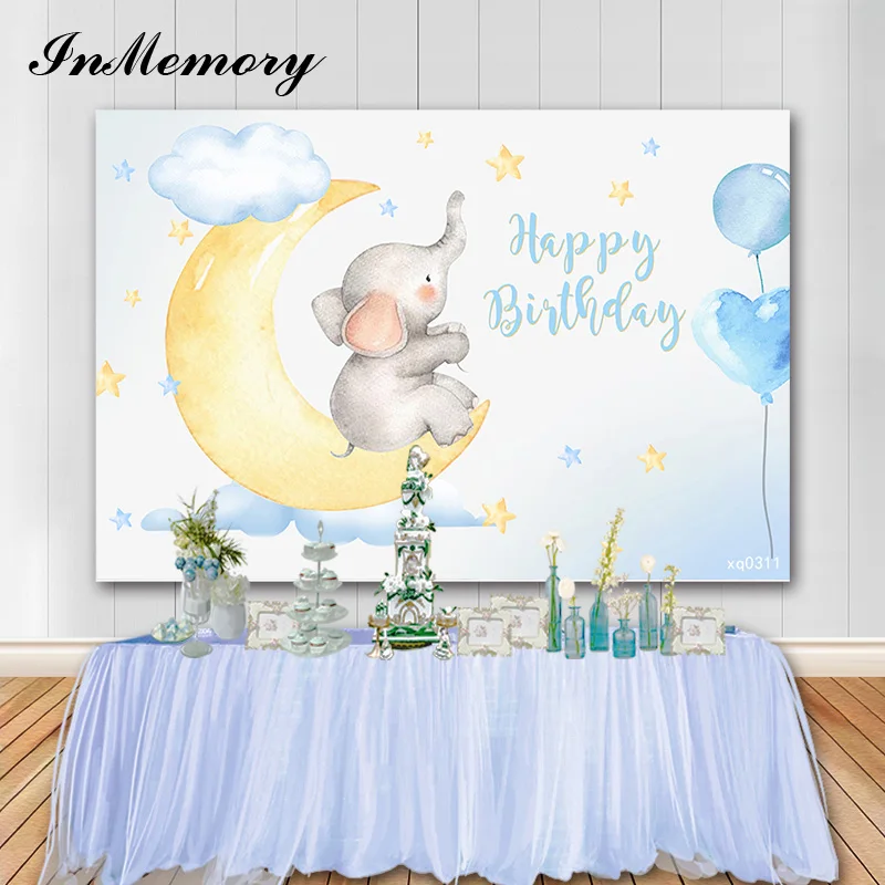 InMemory милый слон синий детский душ фоны Луна воздушный шар новорожденный День