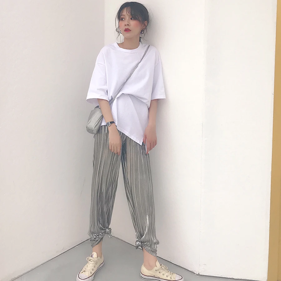 Модные бронзовые серебряные брюки для женщин Harajuku эластичные летние широкие брюки уличная одежда с высокой талией плиссированные брюки для женщин