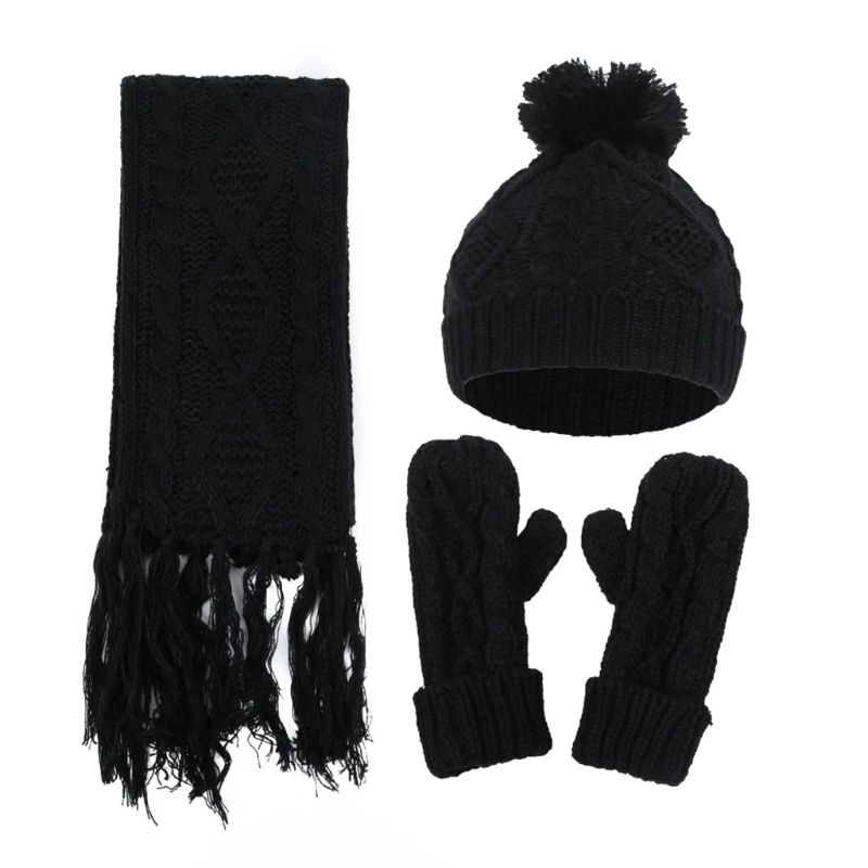 

3 In 1 Women Winter Girls Rhombus Cable Knit Warm Beanie Hat Scarf Gloves Set X5XA