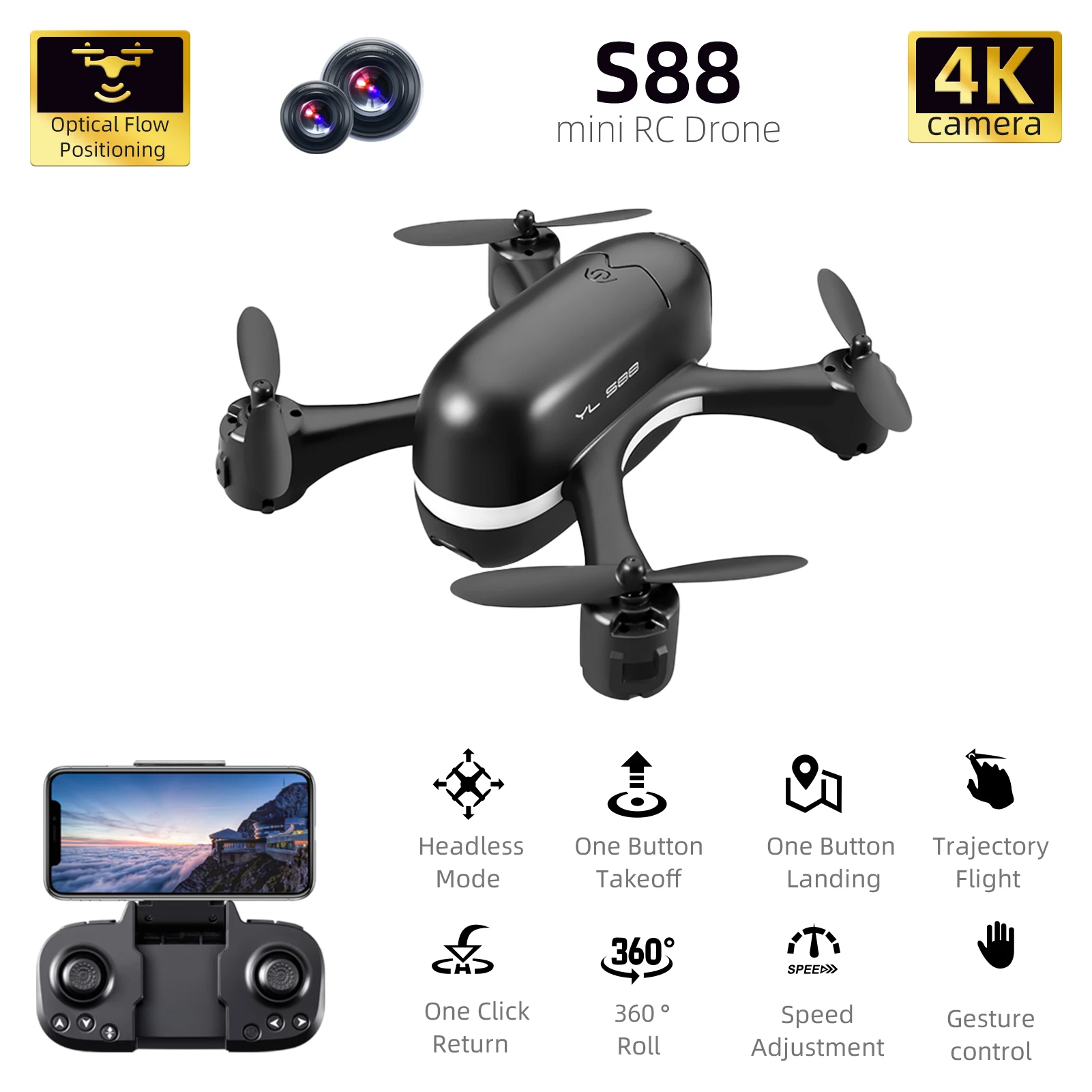 Мини Дрон S88 на радиоуправлении с камерой 4K позиционирование оптического потока