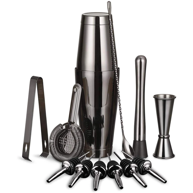 

Cocktail Shaker Bar Set: 2 Weighted Boston Shakers,Cocktail Strainer, Jigger,Muddler and Spoon, Ice Tong and 6 Bottle Pourer