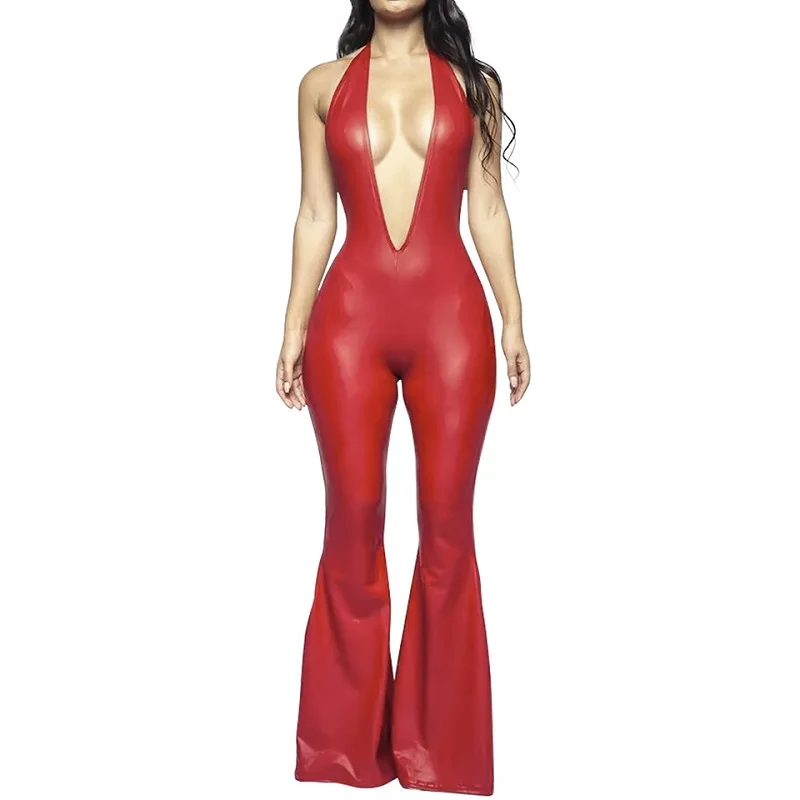 Клубные сексуальные яркие красные женские комбинезоны с глубоким v образным