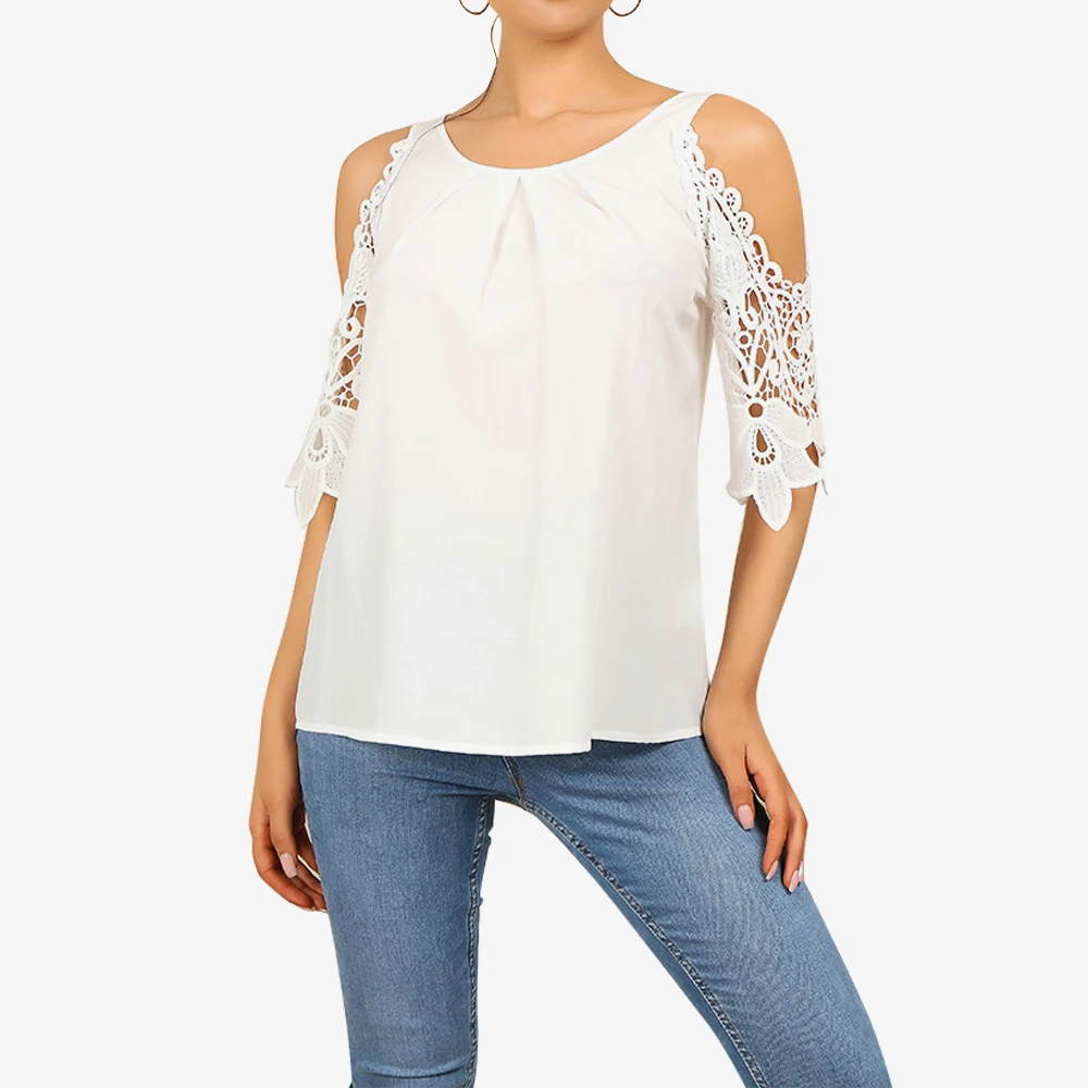 

Ladies Knitted T-shirt 2021 Summer Solid Lace Stitching Cold Shoulder White Top Tees Female Casual Crew Neck Sexy Clothing D30