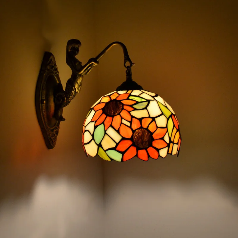 Mediterranean sun flower stained colorful glass E14 LED bulb wall sconce lamp  bronze iron wall lights fixture