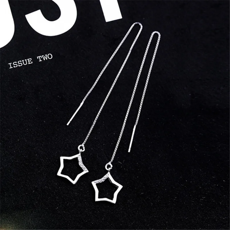 

Girls Minimalist Fashion Classic Ear Lines Korean Style Long Tassel Box Chain Geometric Star Zircon Setting 925 Silver Earrings