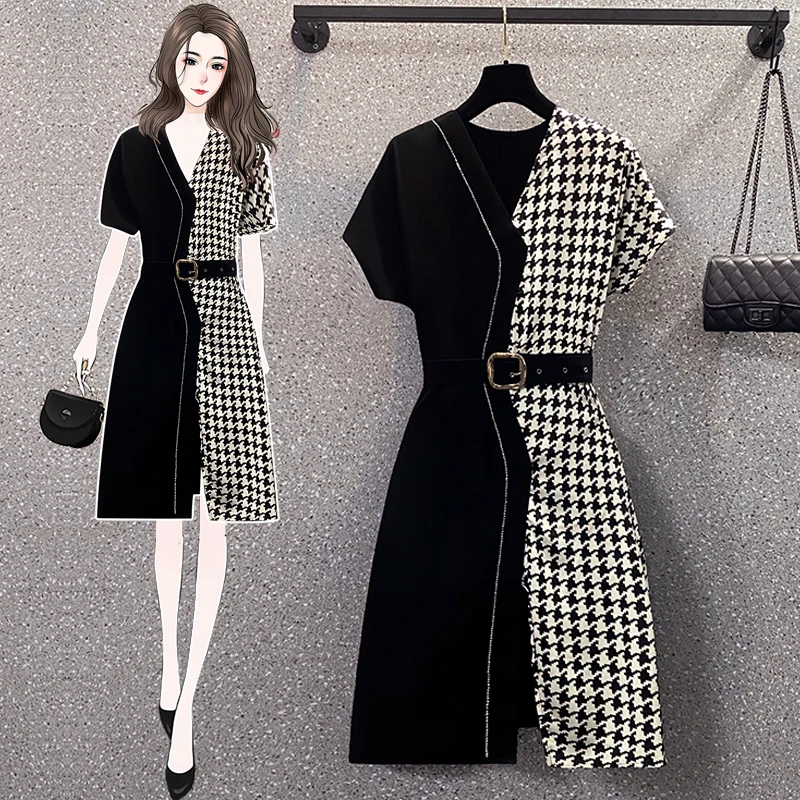 

Plus Size Houndstooth Summer Dress for Women Slim Waist V-neck Short Sleeve Vintage Dresses With Belt Elegant Design
