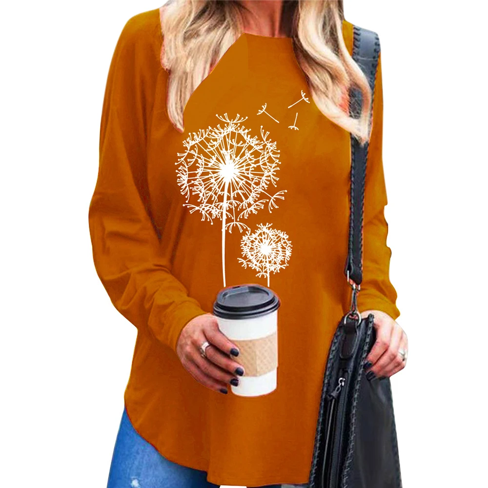 

Printed Women T-Shirts Full Sleeve Round Neck Mid-Length Irregular Top Shirts 5XL Ladies Fall Clothing Plus Szie